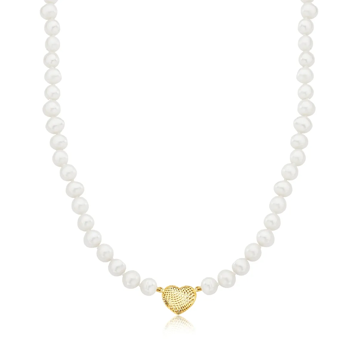 Colar de Pérola Ouro 18k choker com pingente coração-38cm