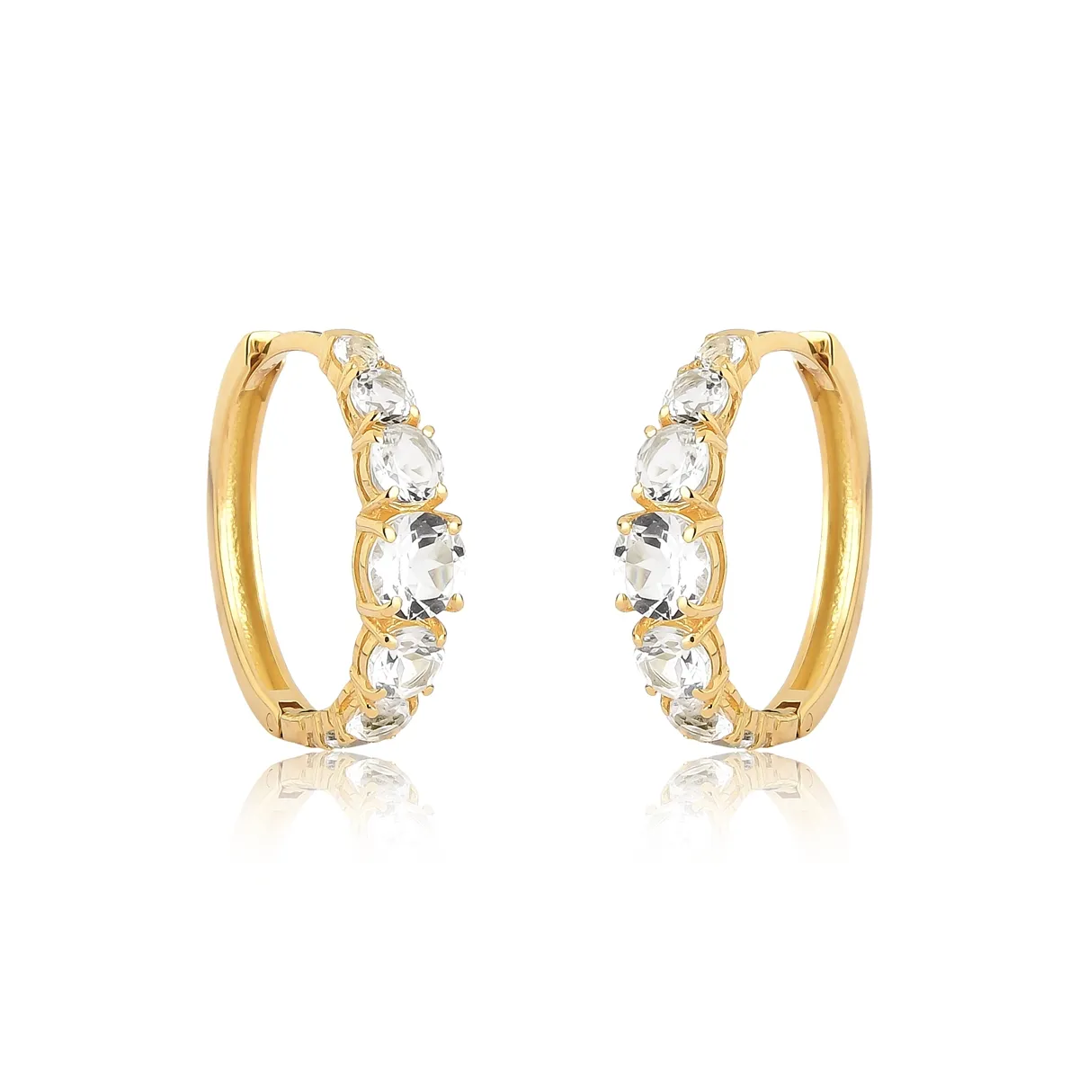 Brinco argola click ouro 18k com gemas redondas de Topázios brancos