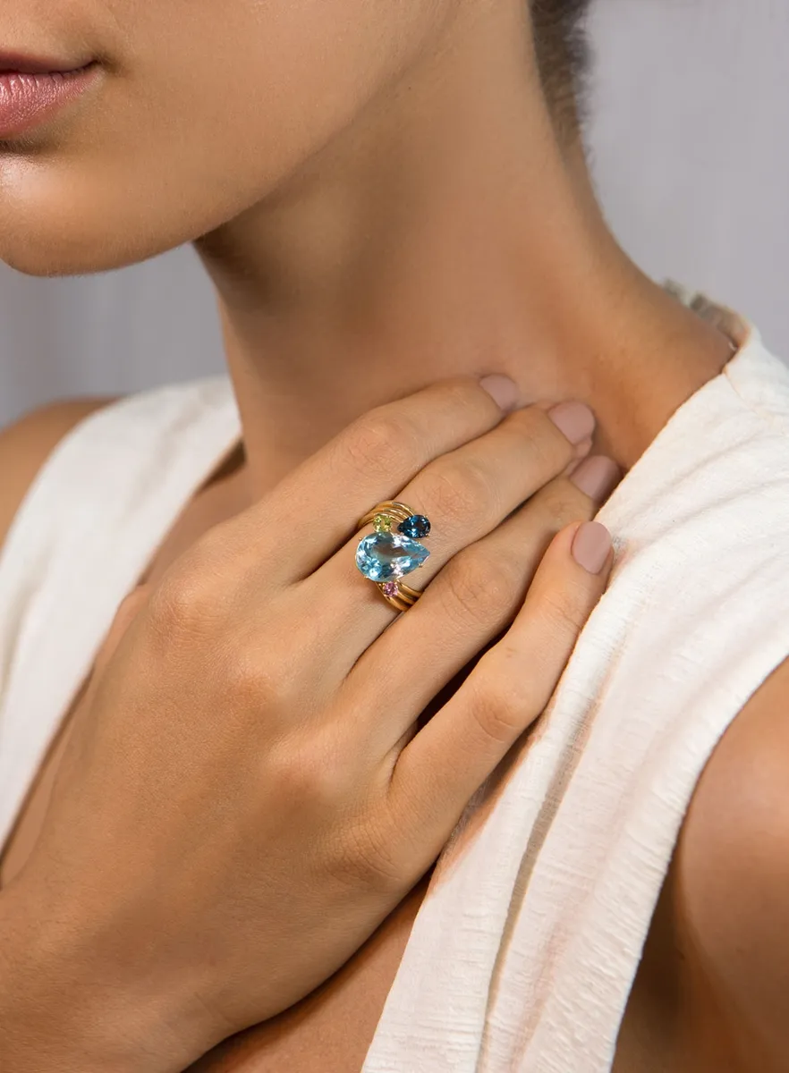 Anel de Ouro 18k aro polido aberto com mix de Gemas brasileiras