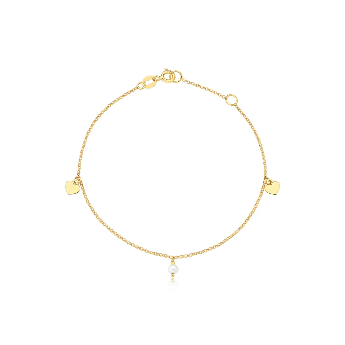 Pulseira elo português ouro 18k com corações e uma Pérola-18cm