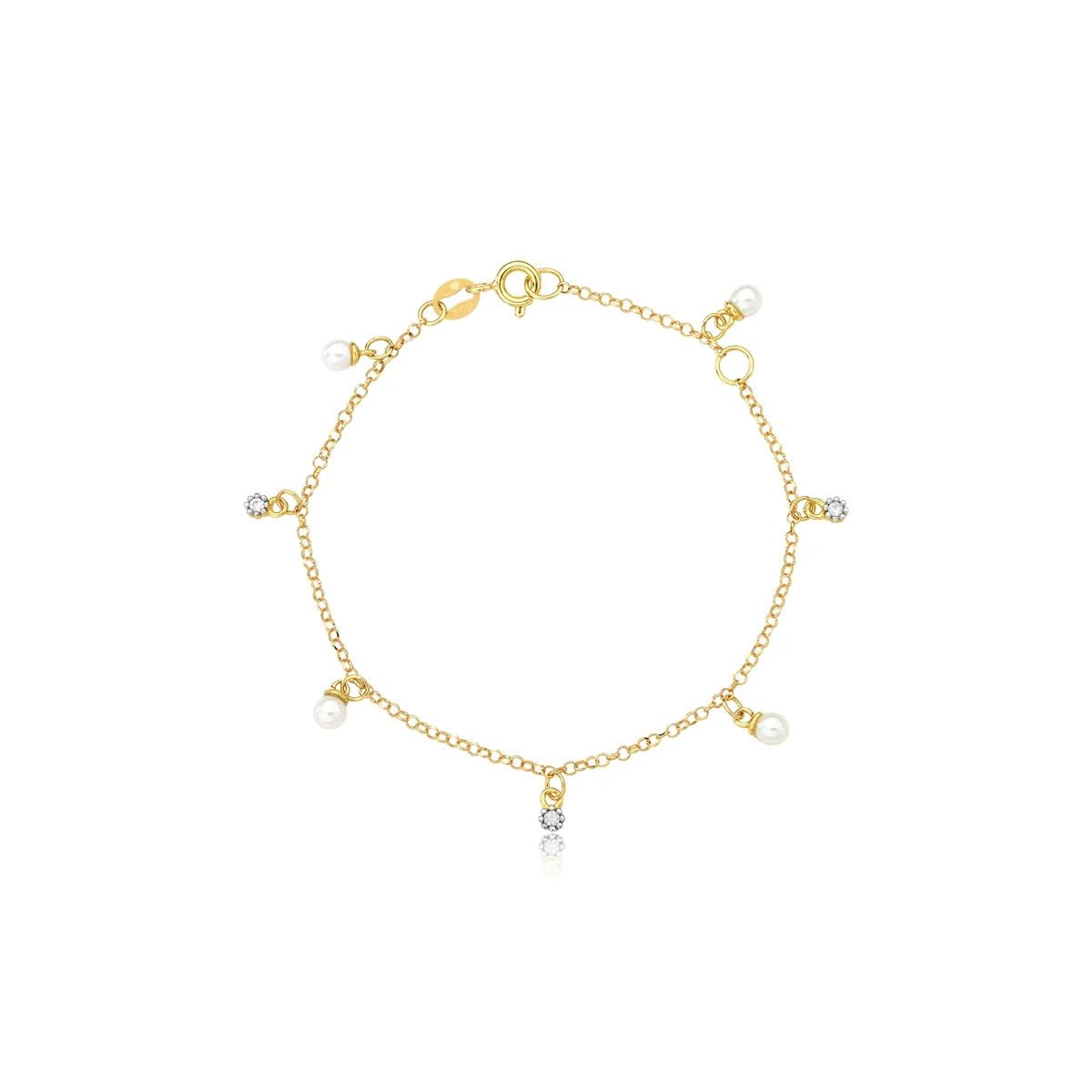 Pulseira Ouro 18k infantil elo português com Zircônias e Pérolas-15cm