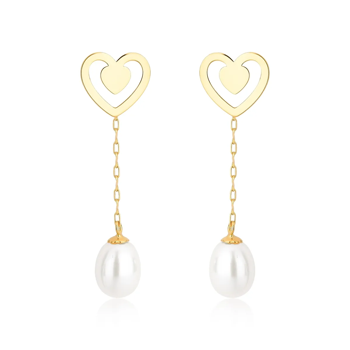 Brinco ouro 18k coração com pingente de Pérola