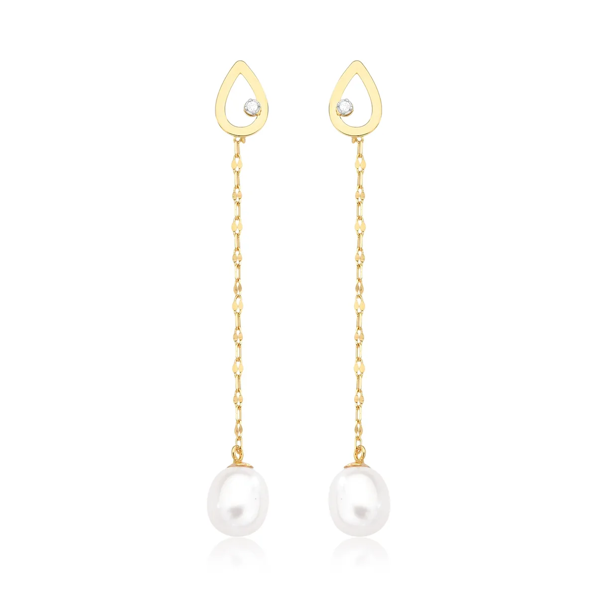Brinco pingente gota ouro 18k com Diamante e Pérola de arroz