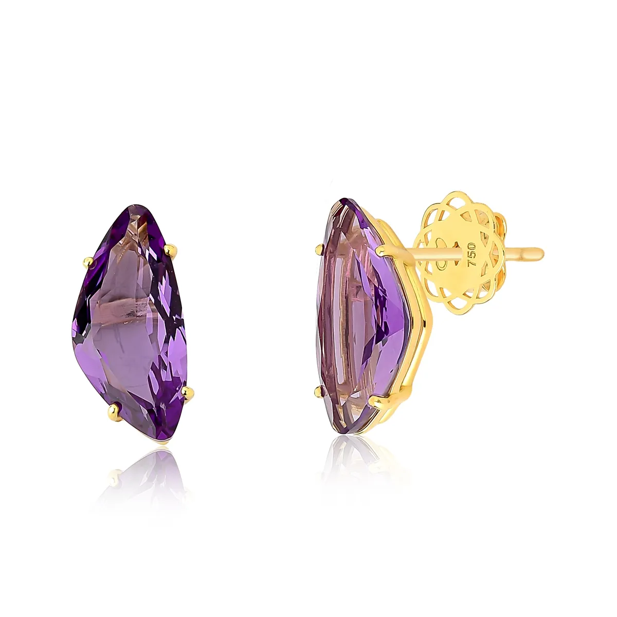 Brinco gema triangular facetada irregular ouro amarelo 18k de Ametista