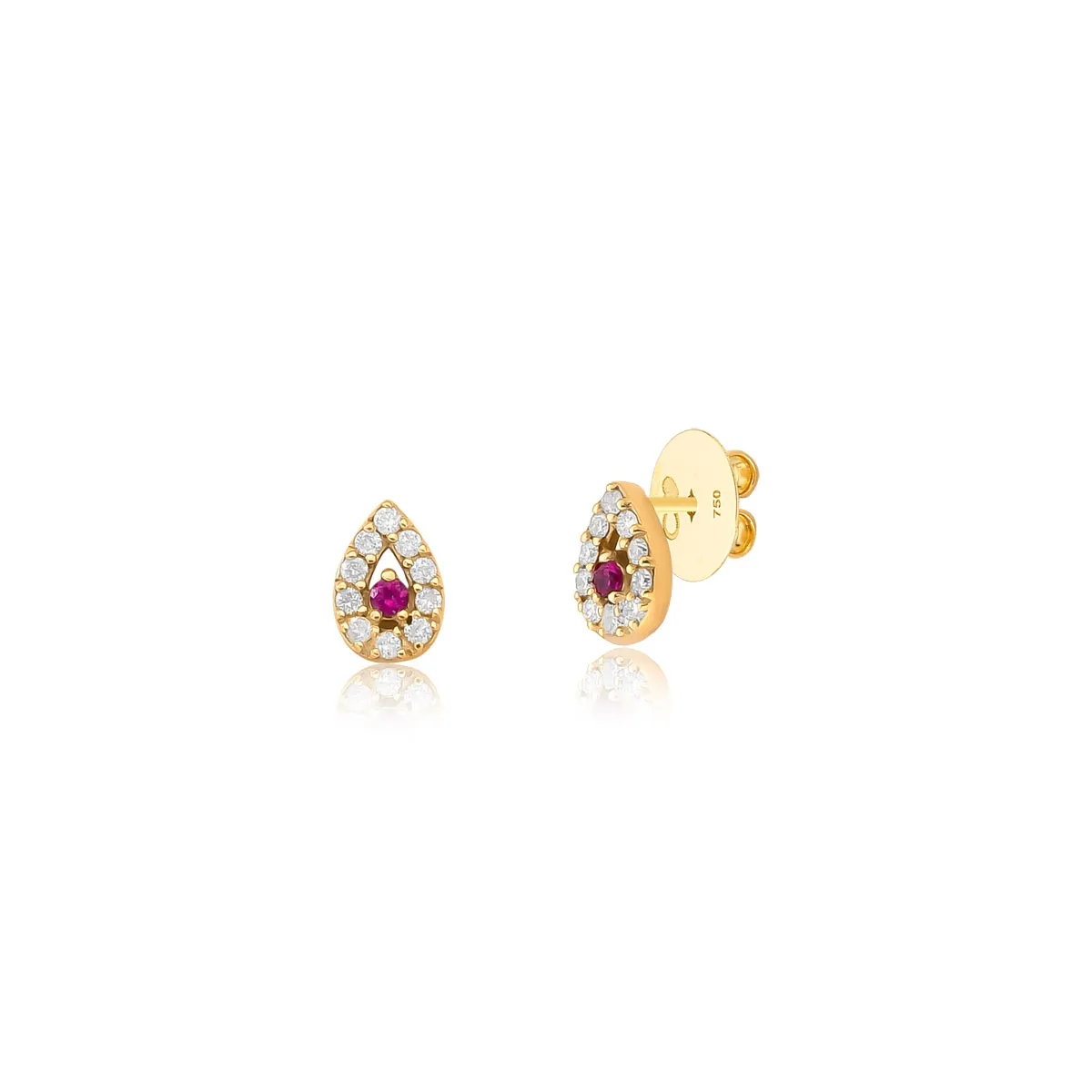 Brinco Lacrima Stud ouro 18k gota vazada com Diamante e Rubis