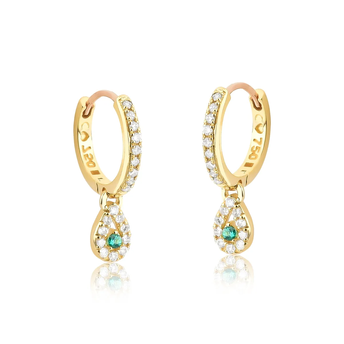 Brinco Lacrima argola click gota ouro 18k com Diamantes rodinados e Esmeraldas