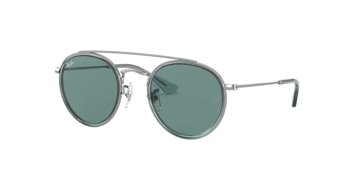 Óculos de Sol Infantil Ray-Ban Round Double Bridge Kids Junior 0RJ9647S 200/8246 Metal Azul Claro com lentes na cor Verde
