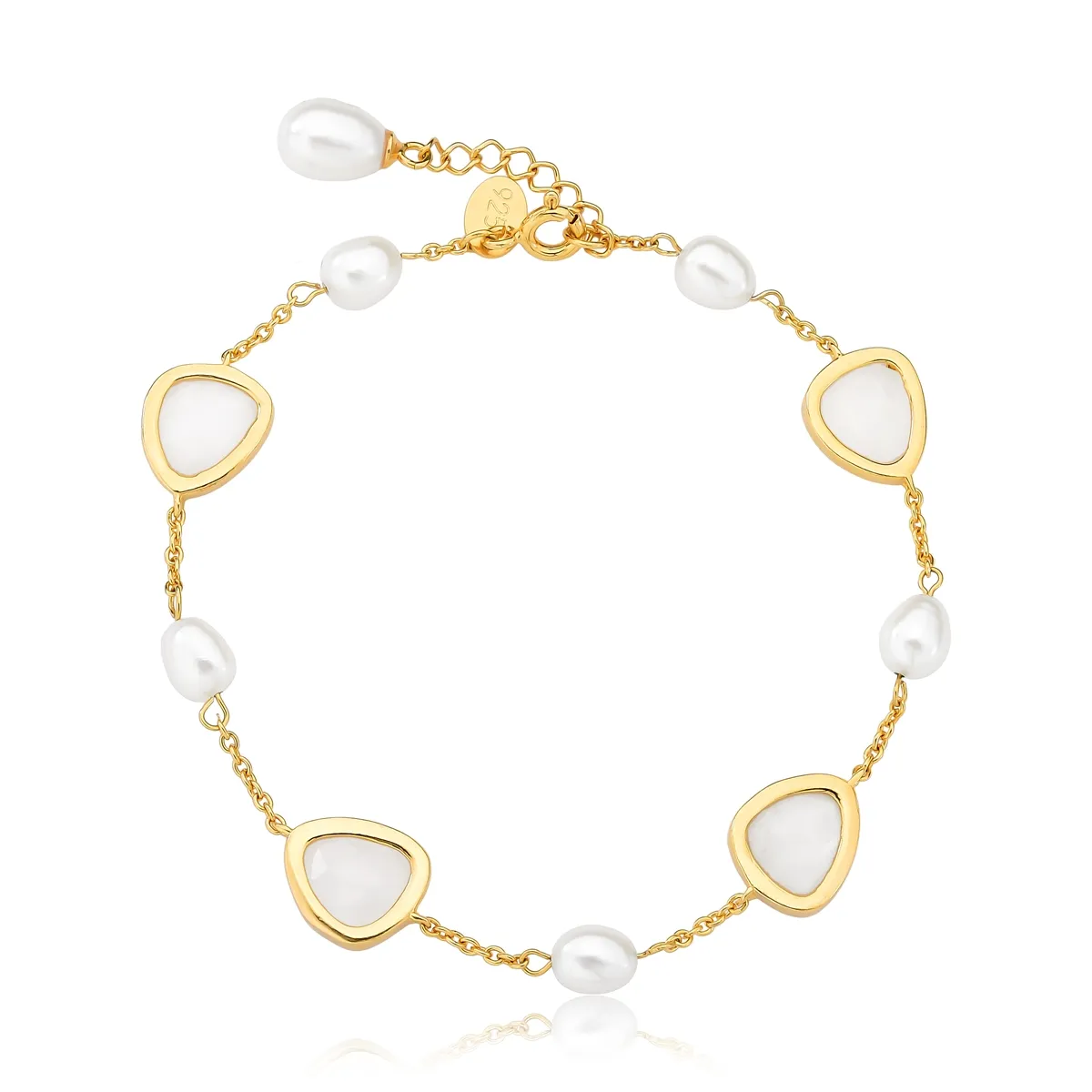 Pulseira Prata 925 dourada elos com Ágata negra e Pérolas Coleção Bronx