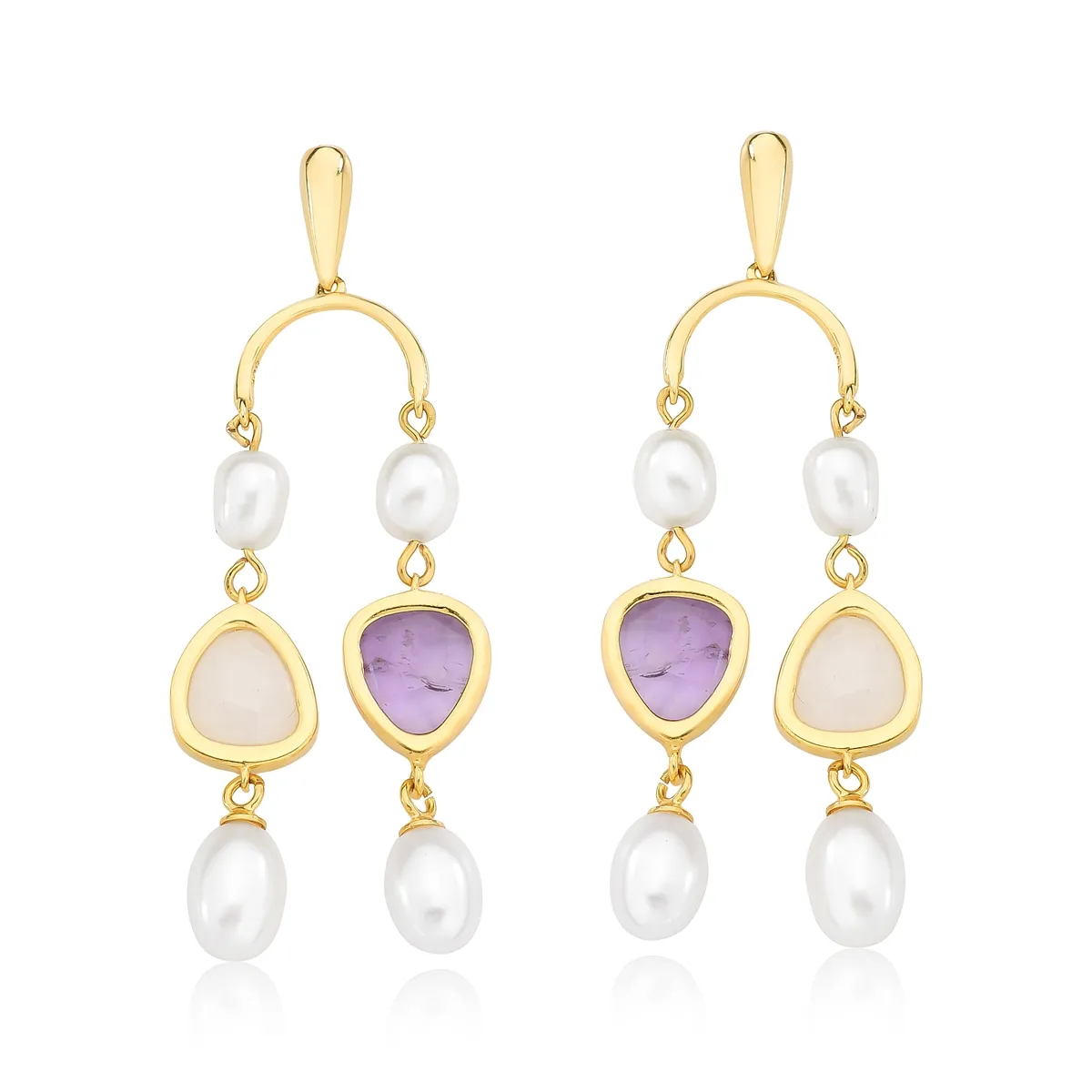 Brinco For me Bronx Cascata prata 925 dourada com Dolomita, Ametista e Pérolas