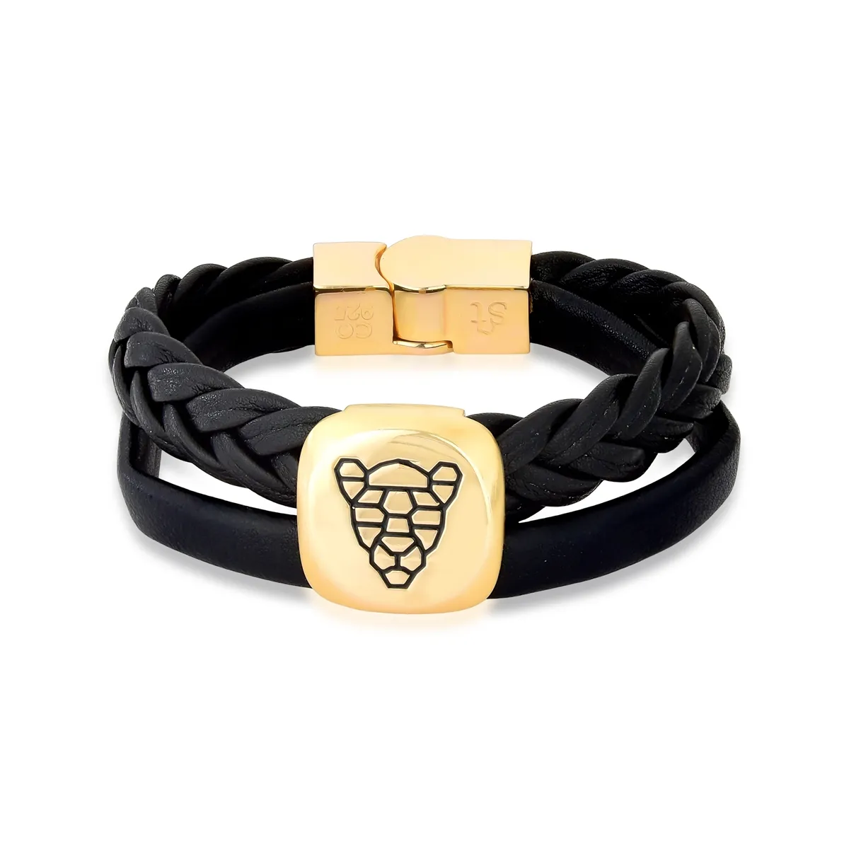 Pulseira prata 925 dourada bracelete couro com quadrículo onça Coliseu+Steyer
