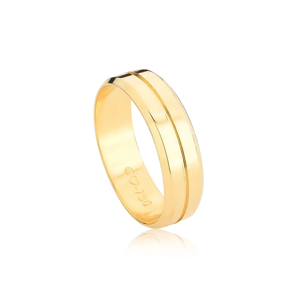 Aliança Sweet Love ouro 18k reta chanfrada com friso polida 6MM