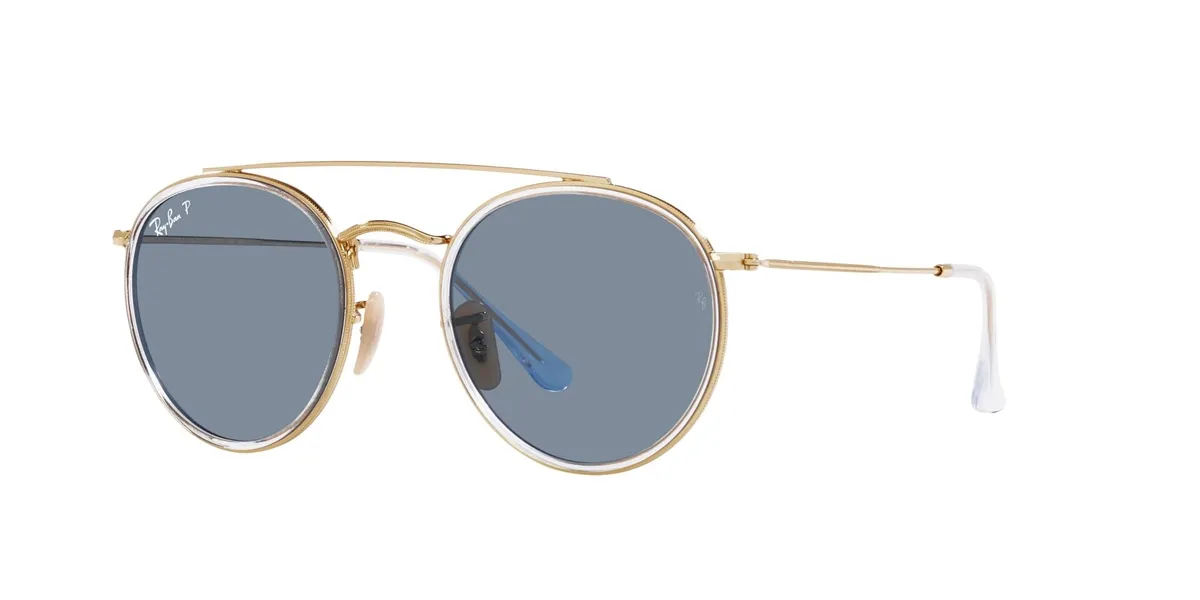 Óculos de Sol Ray-Ban Round Double Bridge 0RB3647N 001/0251 Metal Dourado com lentes na cor Azul Polarizado
