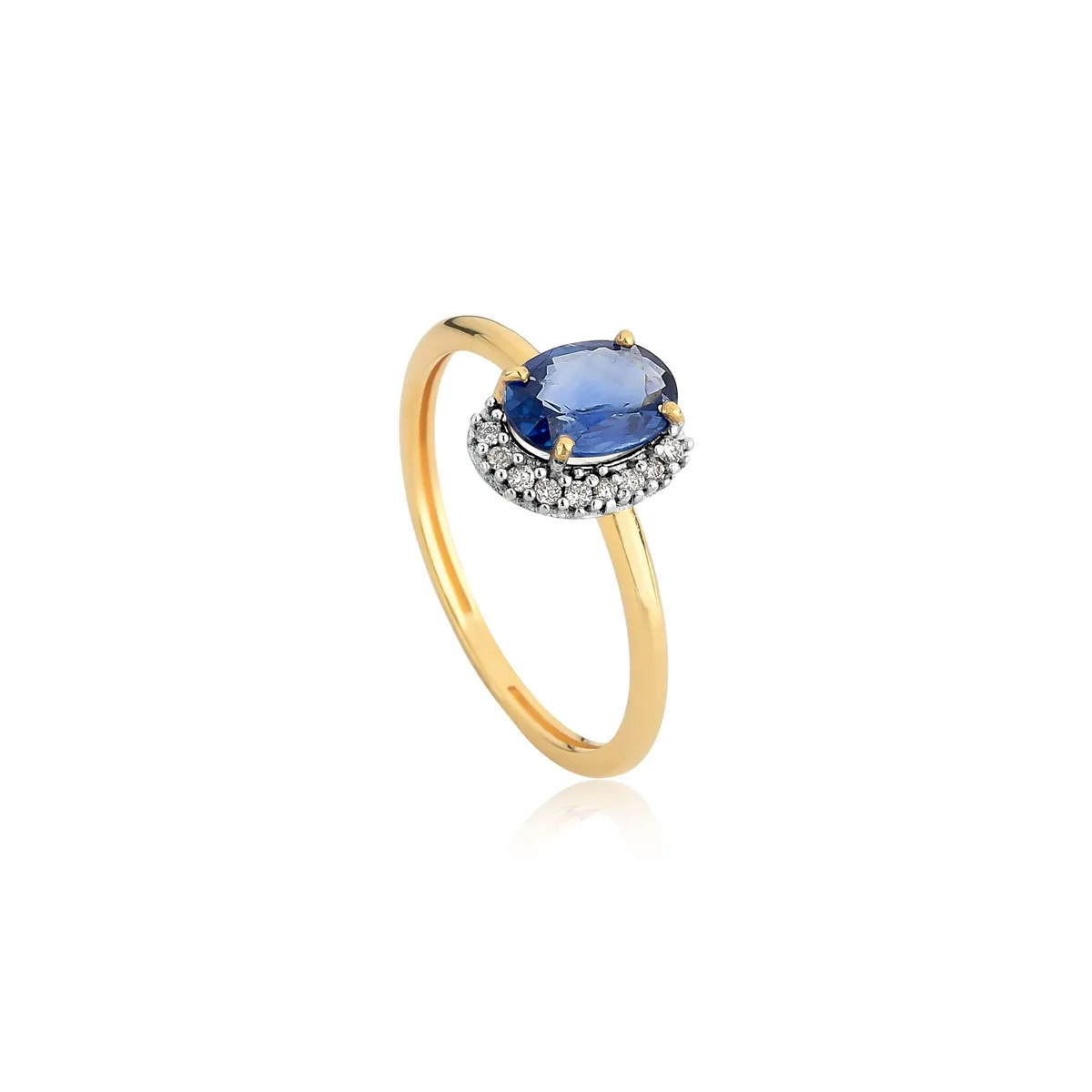 Anel gema oval de Safira azul ouro 18k com 4,5pts de Diamantes Coleção Luxis