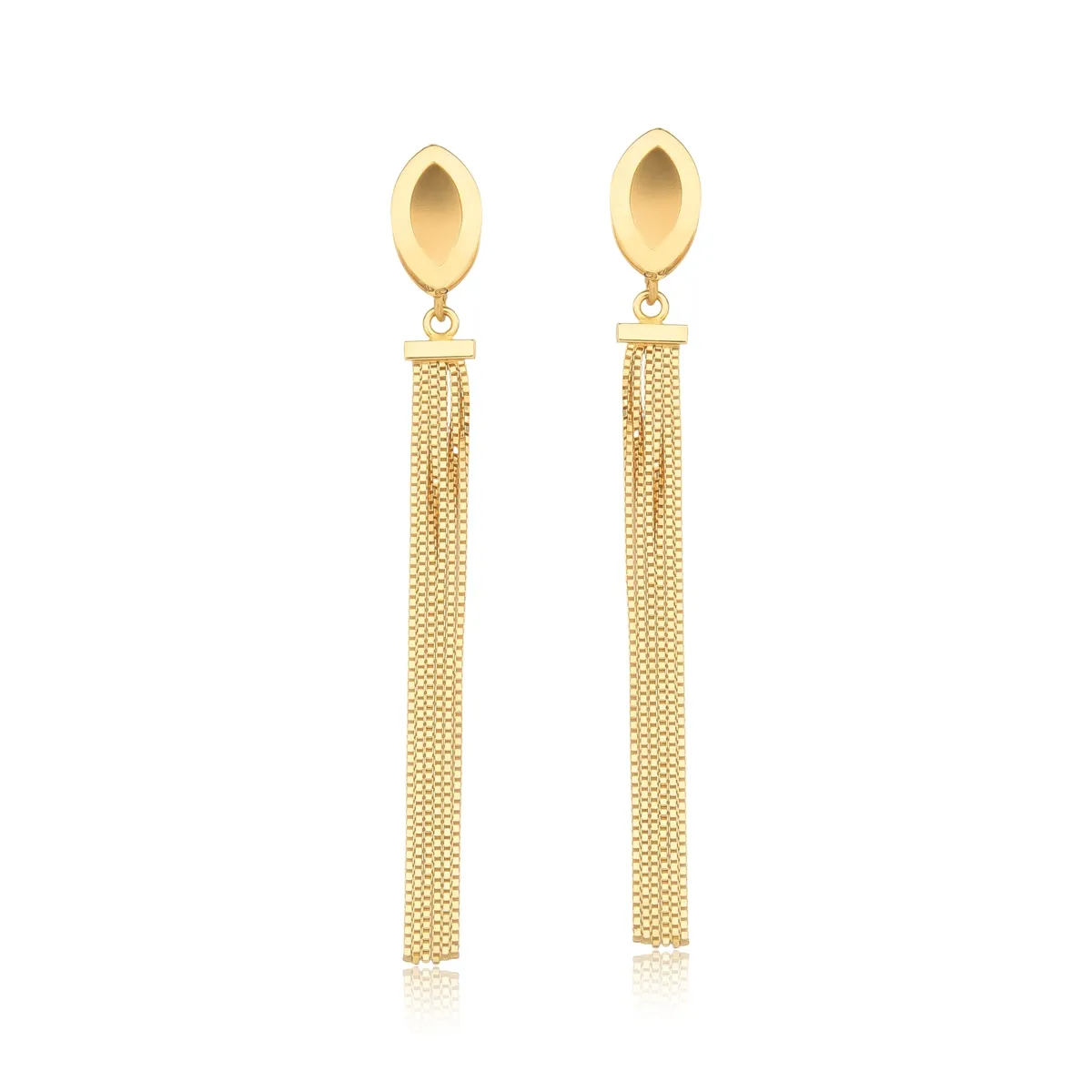 Brinco ouro 18k longo navete polido com franja