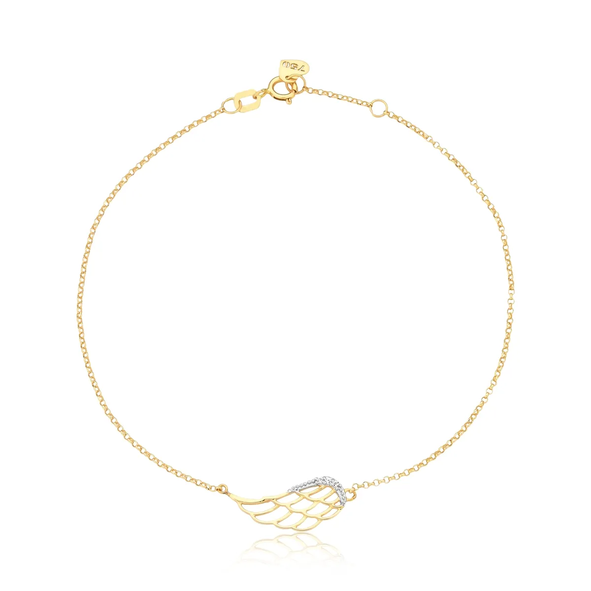 Pulseira ouro amarelo 18k elos com asa e Safiras brancas Coleção Angel