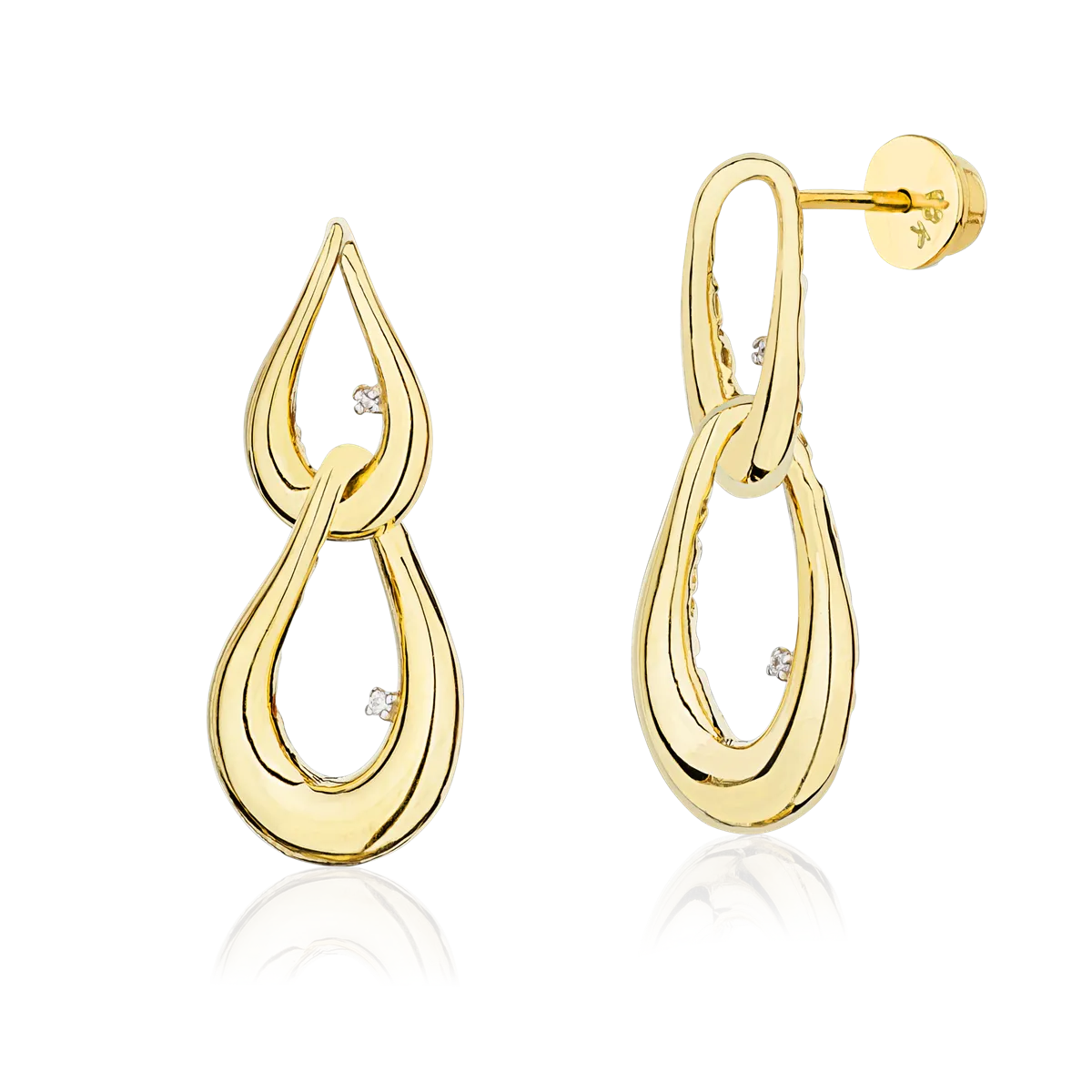 Brinco ouro 18k gotas elos interligados polidos com Diamante