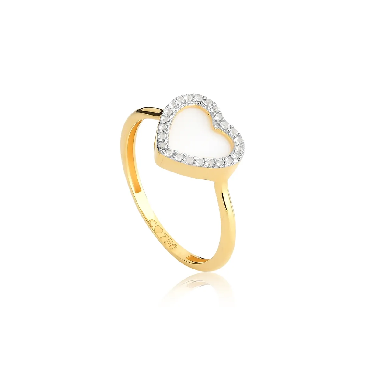Anel coração de Madrepérola ouro 18k com Topázios brancos
