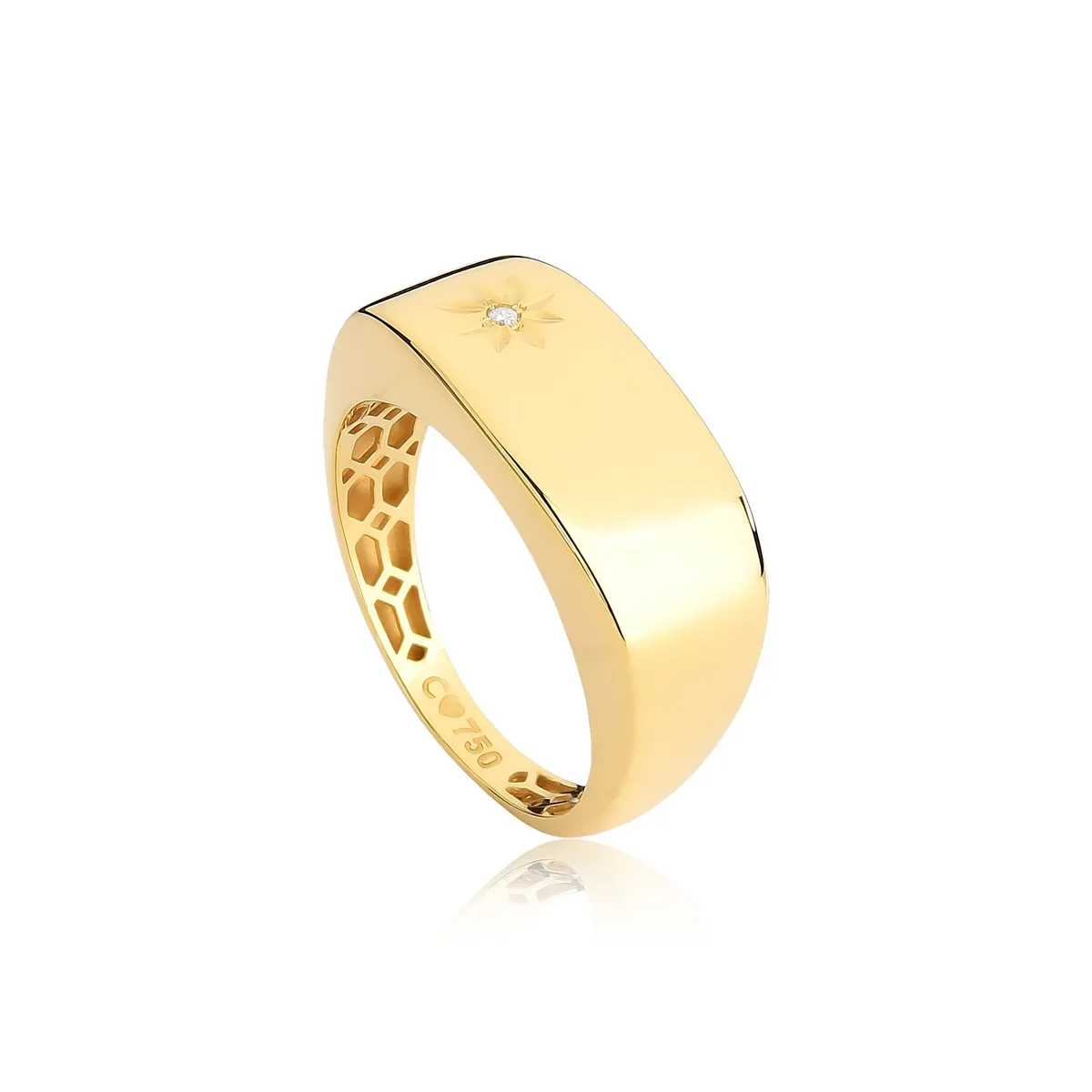 Anel ouro 18k abaulado quadrado com estrela de Diamantes