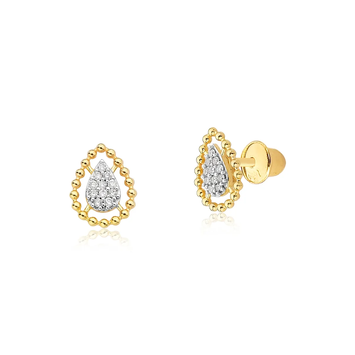 Brinco Stud ouro amarelo 18k gota de bolinhas com Diamantes