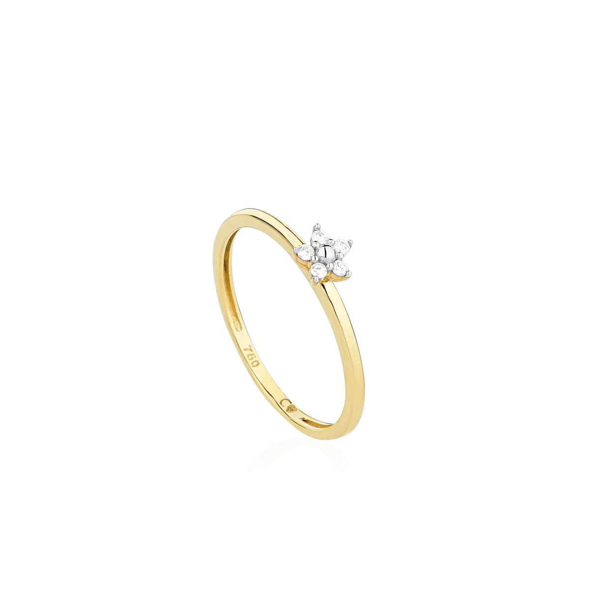 Anel ouro 18k aro polido com flor de Diamantes