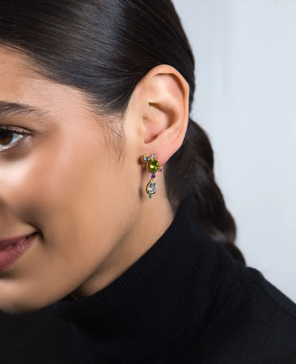 Brinco ouro 18k gota mix de gemas brasileiras