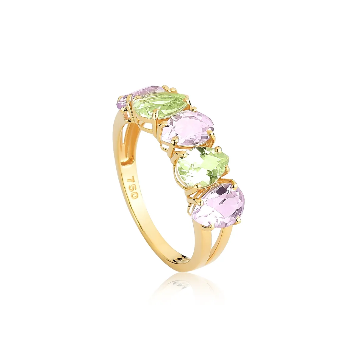 Anel ouro 18k meia aliança gotas de Ametista e Prasiolita