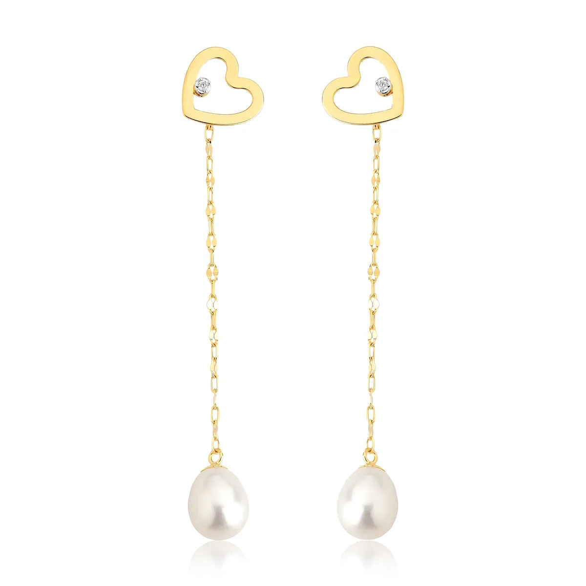 Brinco coração pingente de Pérola ouro 18k com Diamantes