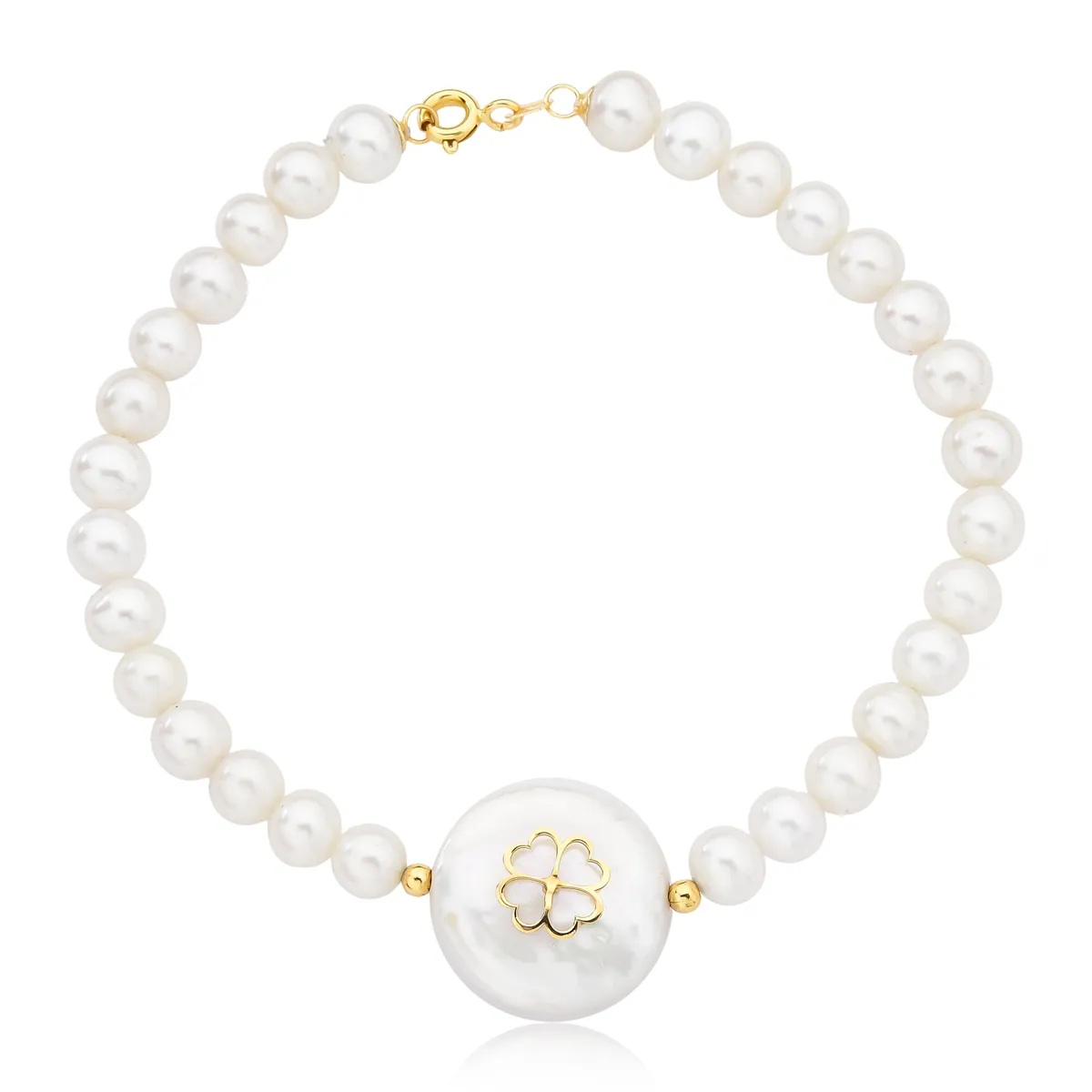 Pulseira de Pérolas ouro 18k com trevo Madrepérola 18cm