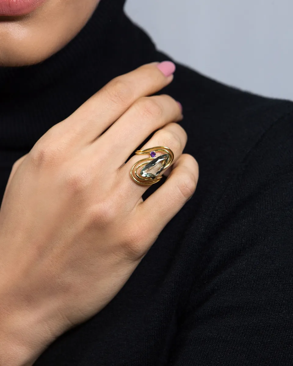 Anel ouro 18k aro curvas com mix de Gemas brasileiras