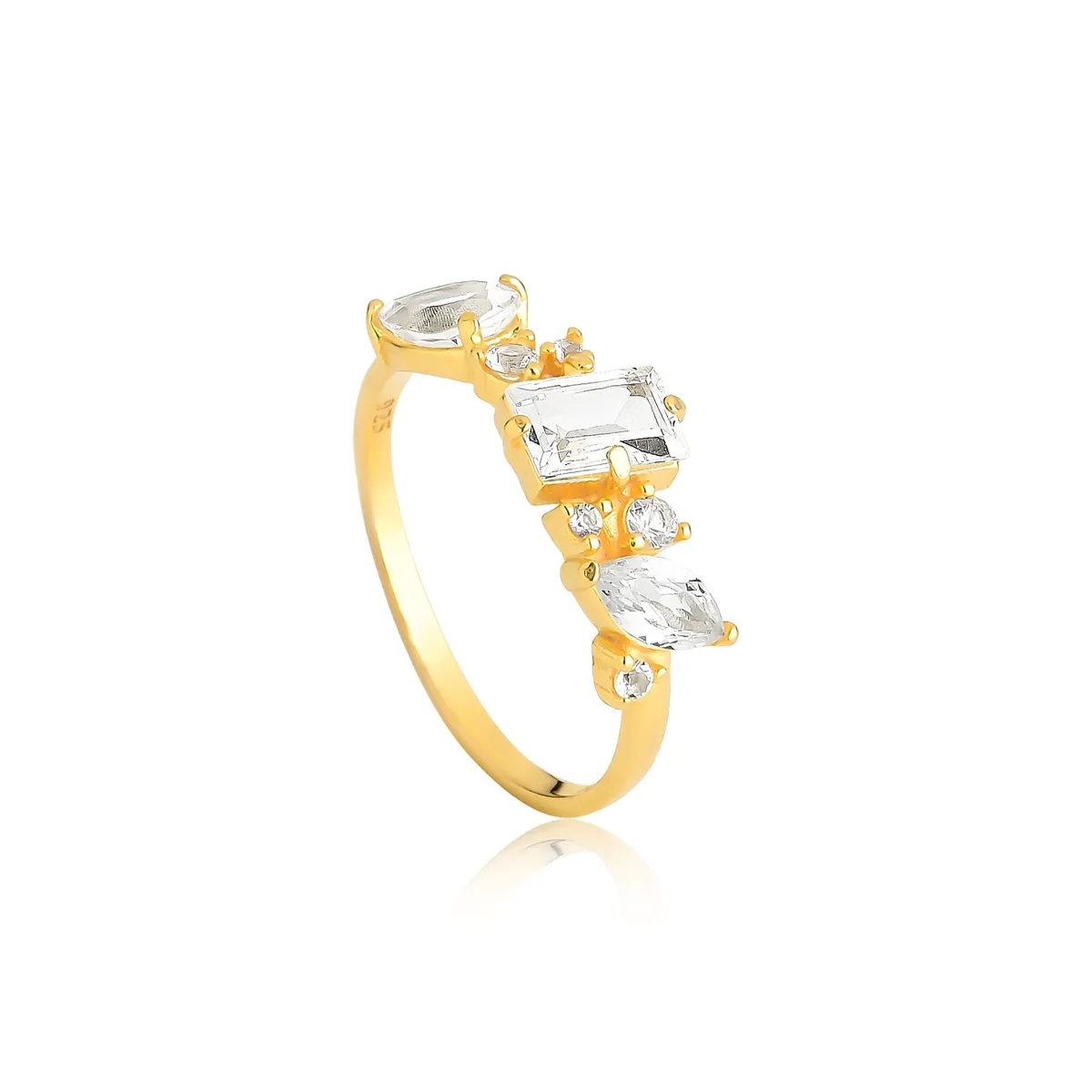 Anel prata 925 dourado meia aliança de Topázios brancos For me Deco