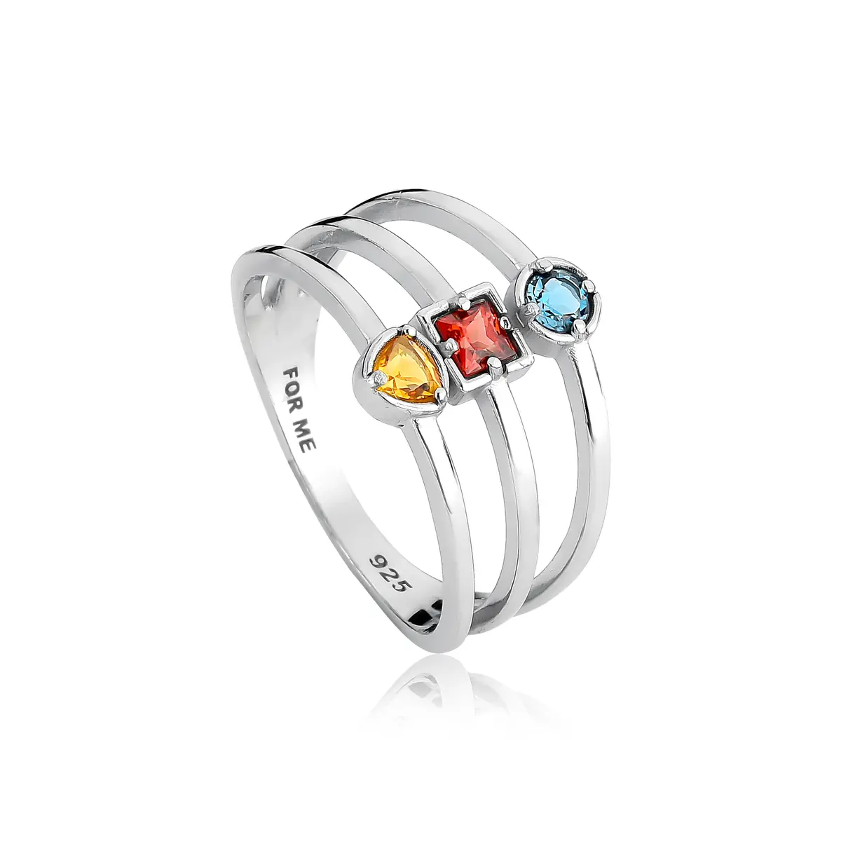 Anel For me Bauhaus prata 925 três aros com Citrino, Topázio London e Granada