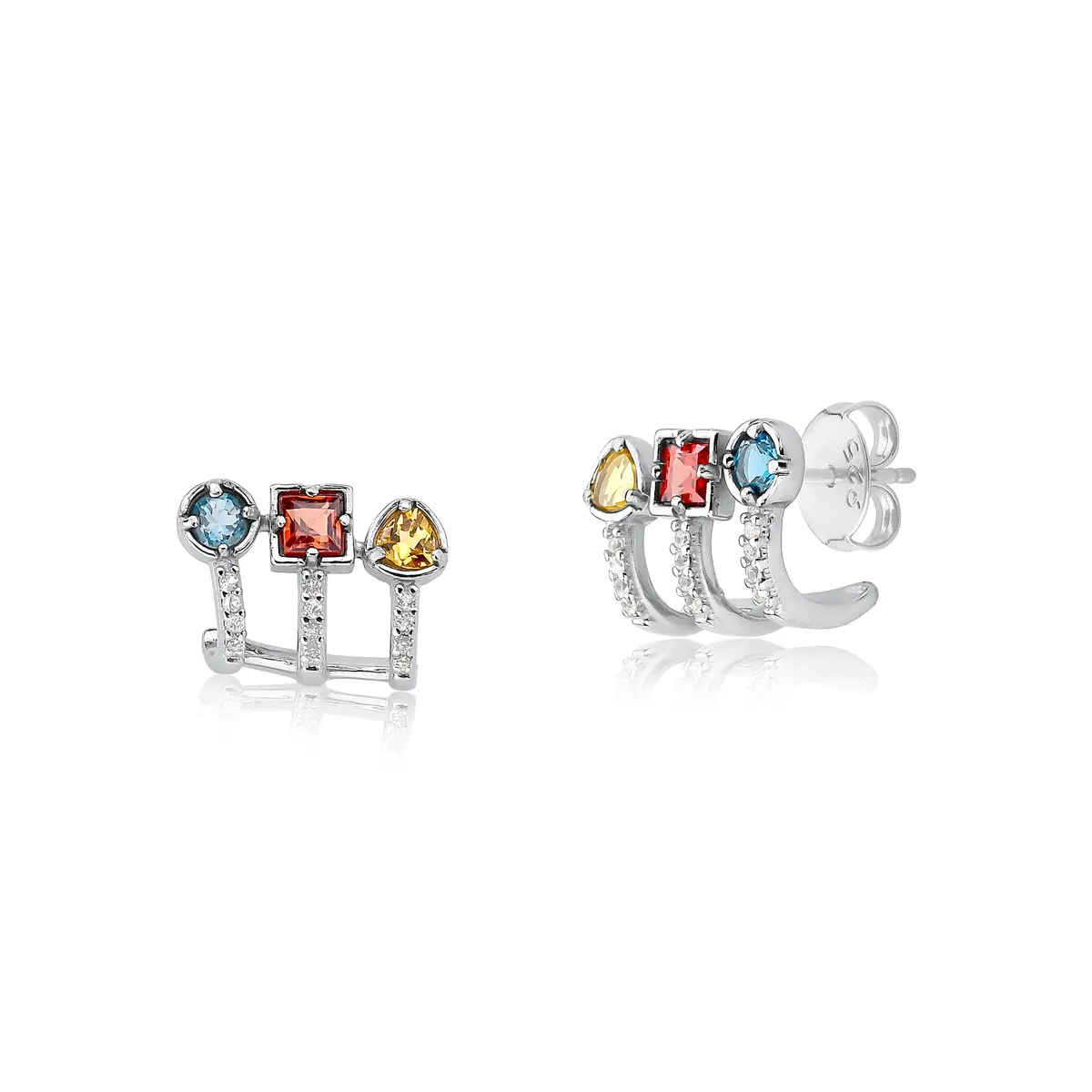 Brinco For me Bauhaus prata 925 stud encaixe mix de Gemas brasileiras