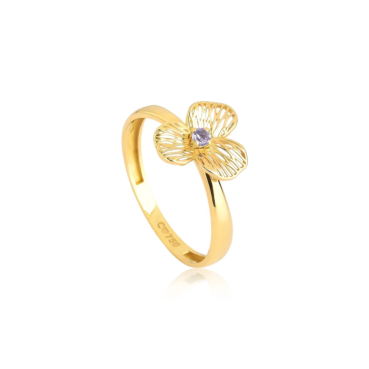 Anel Printemps Flor filigrana 3 pétalas ouro 18k miolo gema Tanzanita
