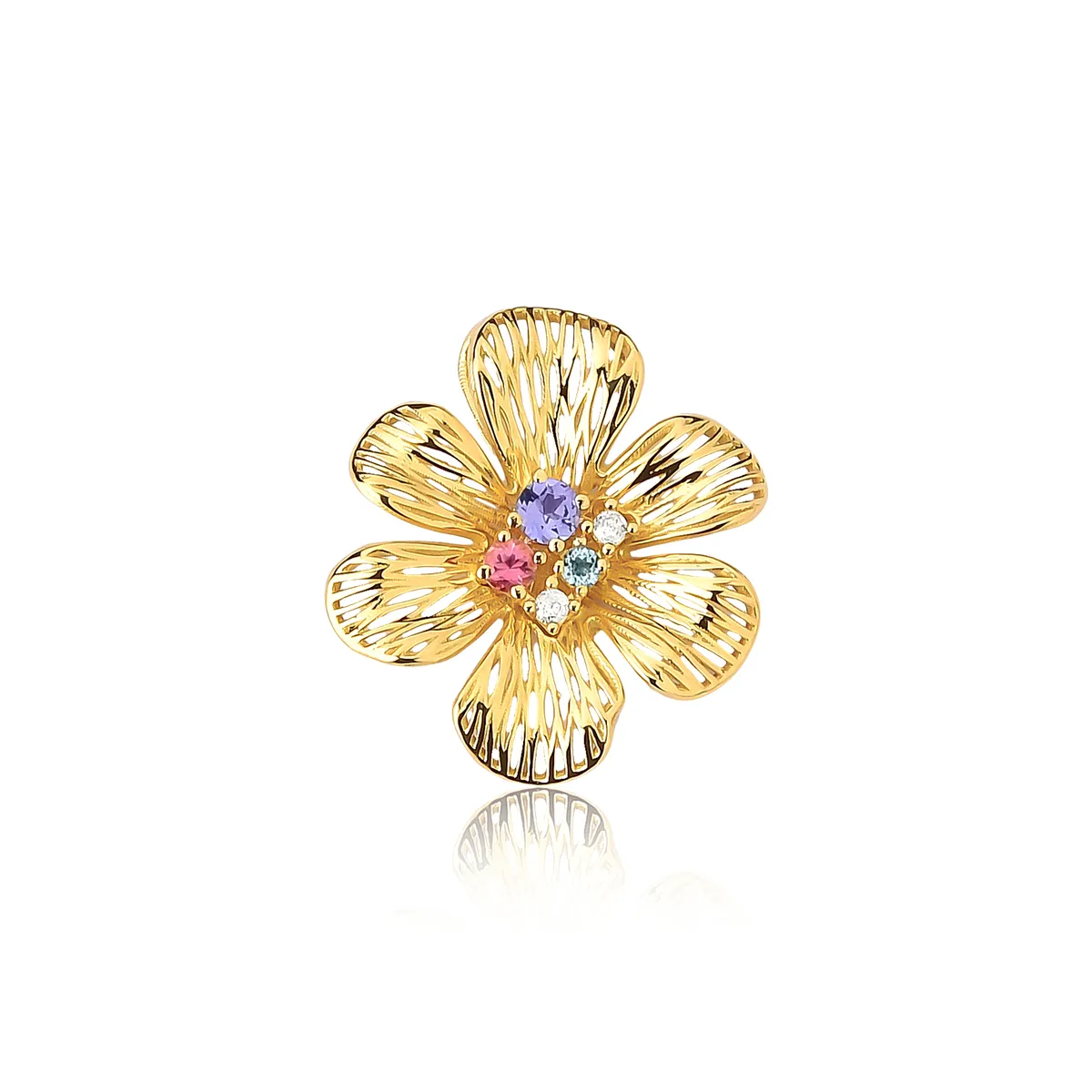 Pingente Printemps flor filigrana 6 pétalas ouro 18k Gemas Naturais e Diamante