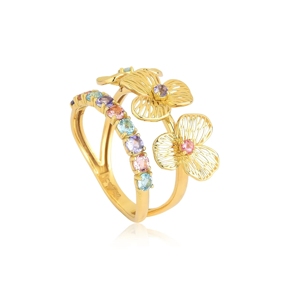 Anel Printemps 3 flores filigrana ouro 18k mix de Gemas Naturais