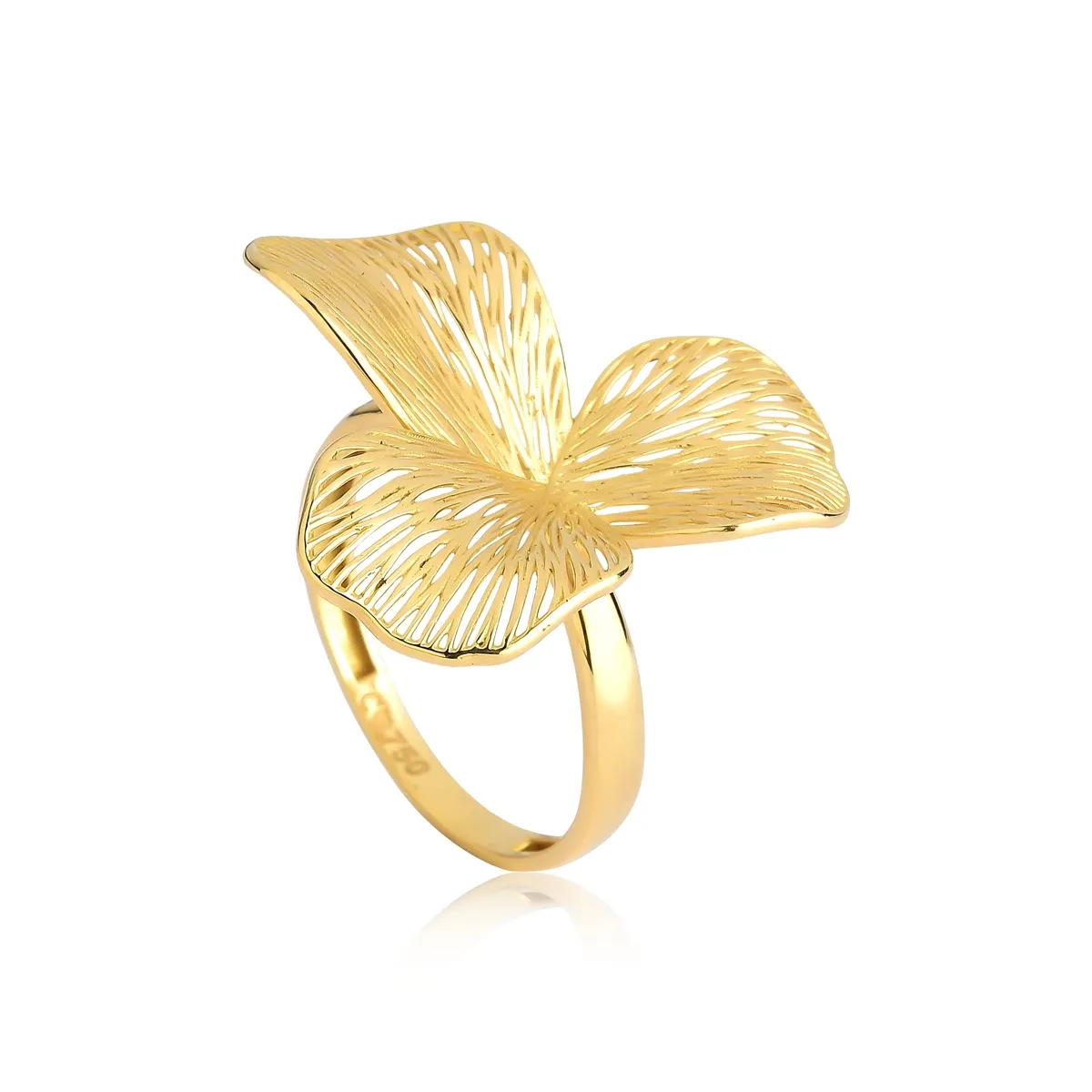 Anel Printemps flor filigrana G ouro 18k com três pétalas vazadas polidas