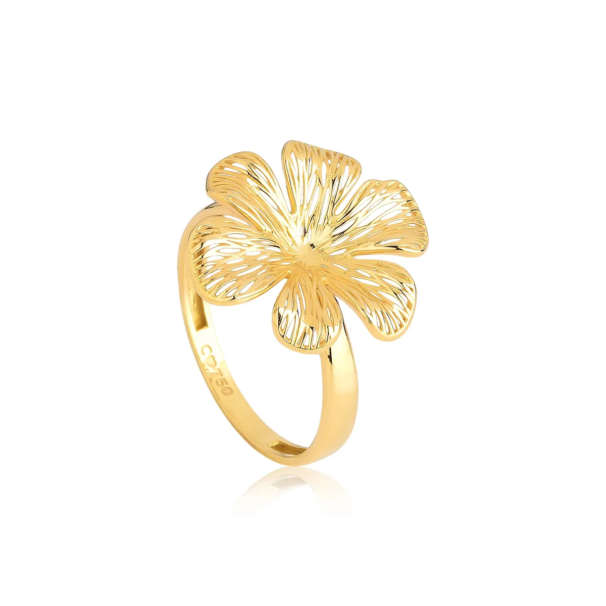 Anel Printemps flor filigrana ouro 18k seis pétalas vazadas polidas