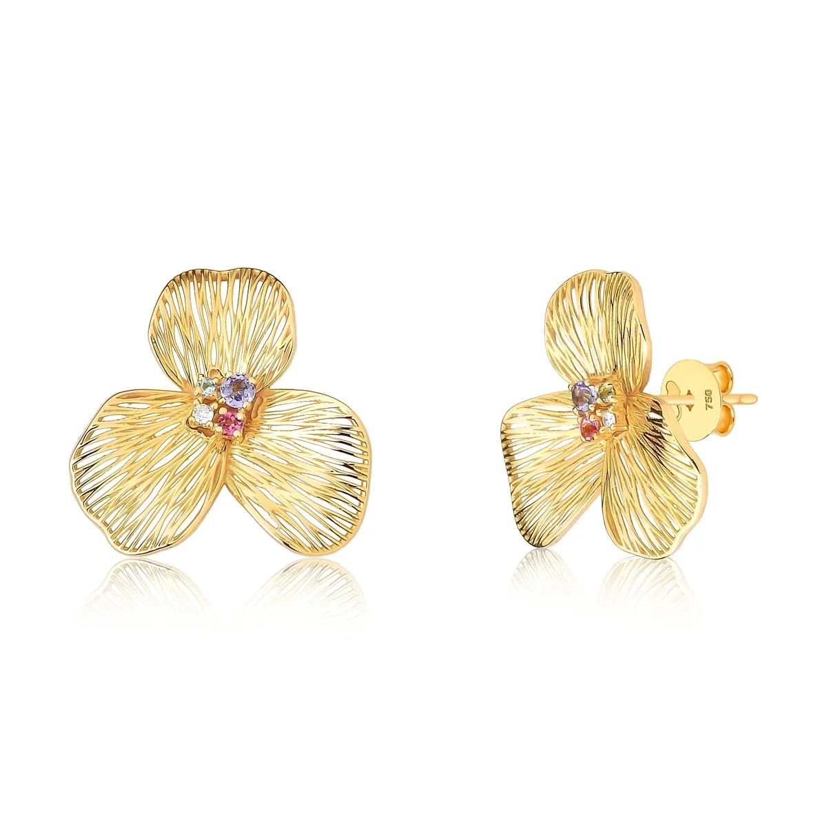 Brinco Printemps flor filigrana ouro 18k com Gemas Naturais e Diamantes