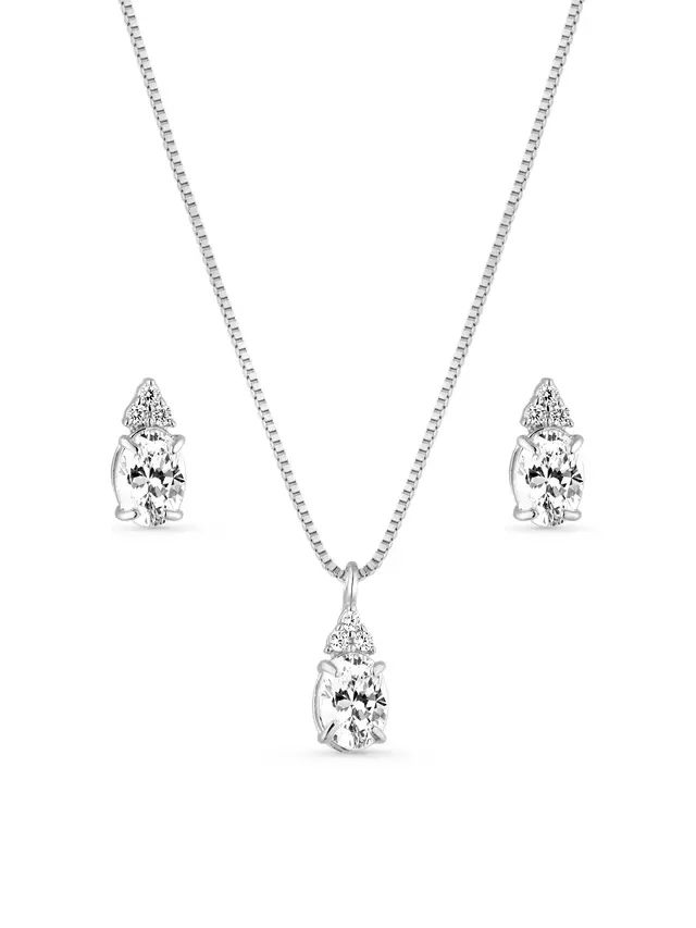 Conjunto Pedra Oval Cravejado - Prata