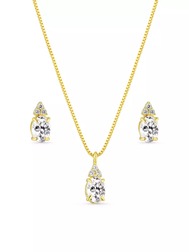 Conjunto Pedra Oval Cravejado - Dourado