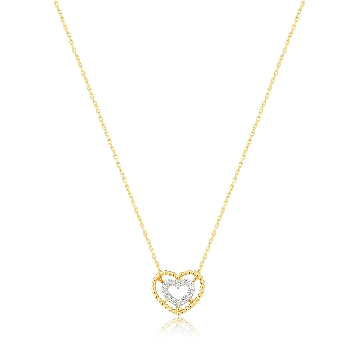 Colar ouro amarelo 18k pingente coração bolinhas e Diamantes 40/45cm