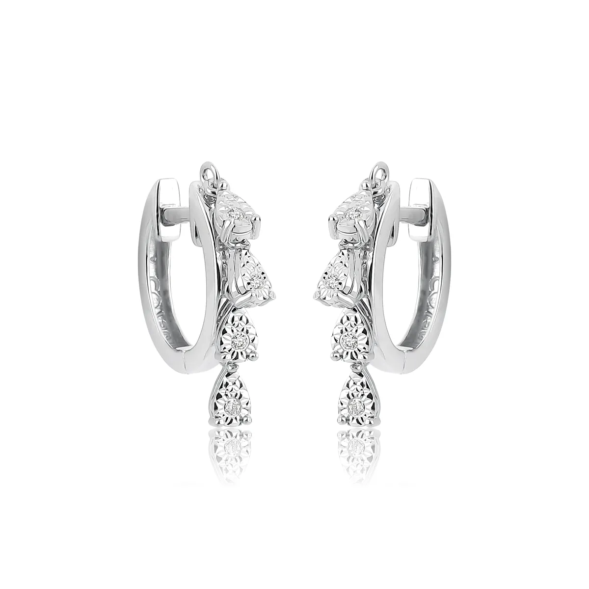 Brinco ouro branco 18k argola click gotas com Diamantes