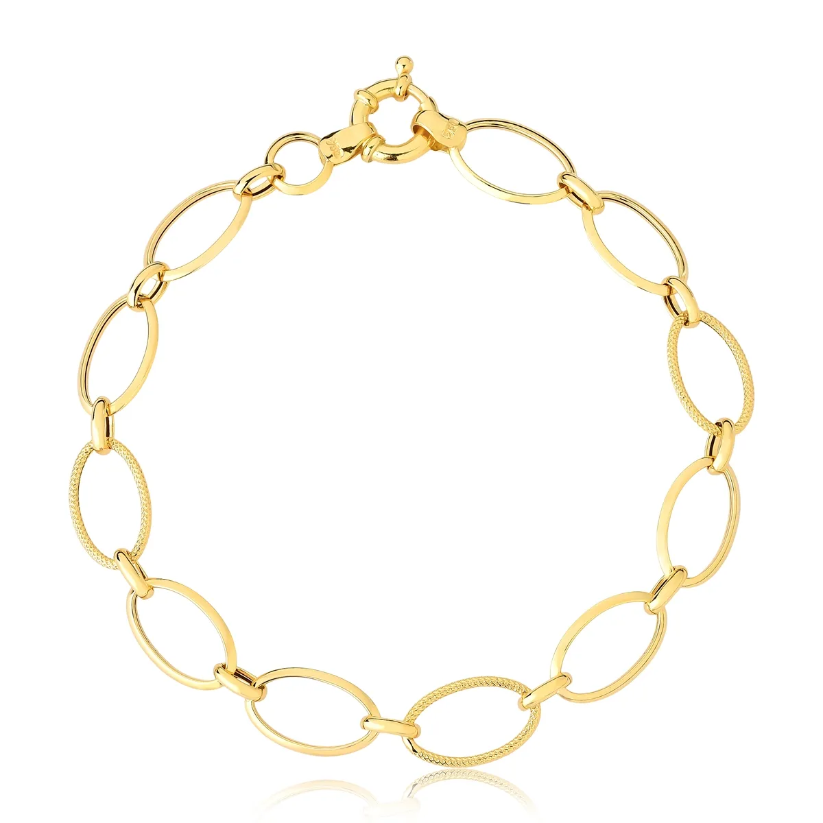 Pulseira ouro amarelo 18k de elos grandes ovais polidos e trabalhados 19cm