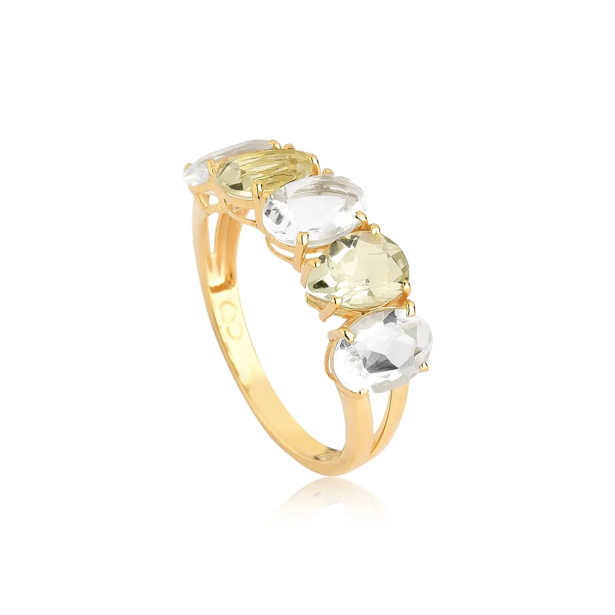 Meia aliança ouro 18k com gemas de Cristal e Prasiolita