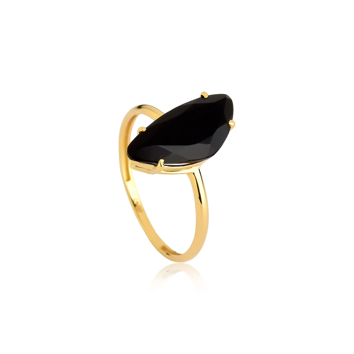 Anel ouro amarelo 18k gema triangular irregular Quartzo negro