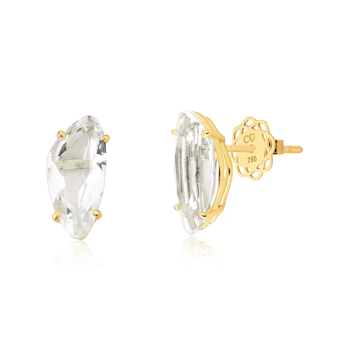 Brinco ouro amarelo 18k gema triangular irregular de Cristal