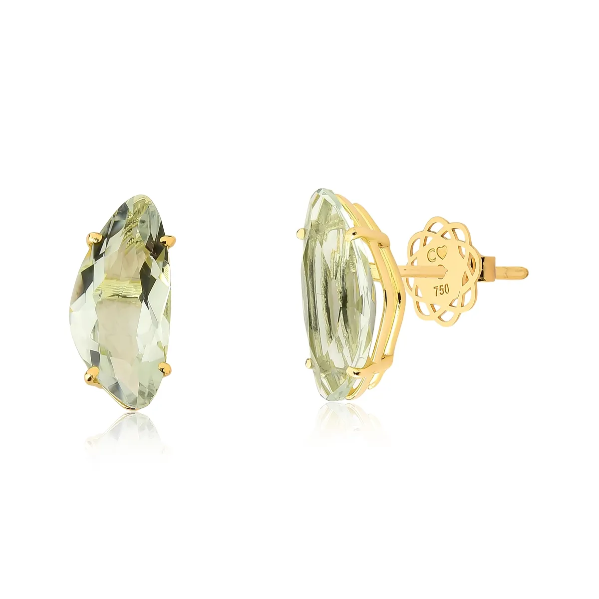 Brinco triangular irregular ouro 18k gema facetada de Prasiolita
