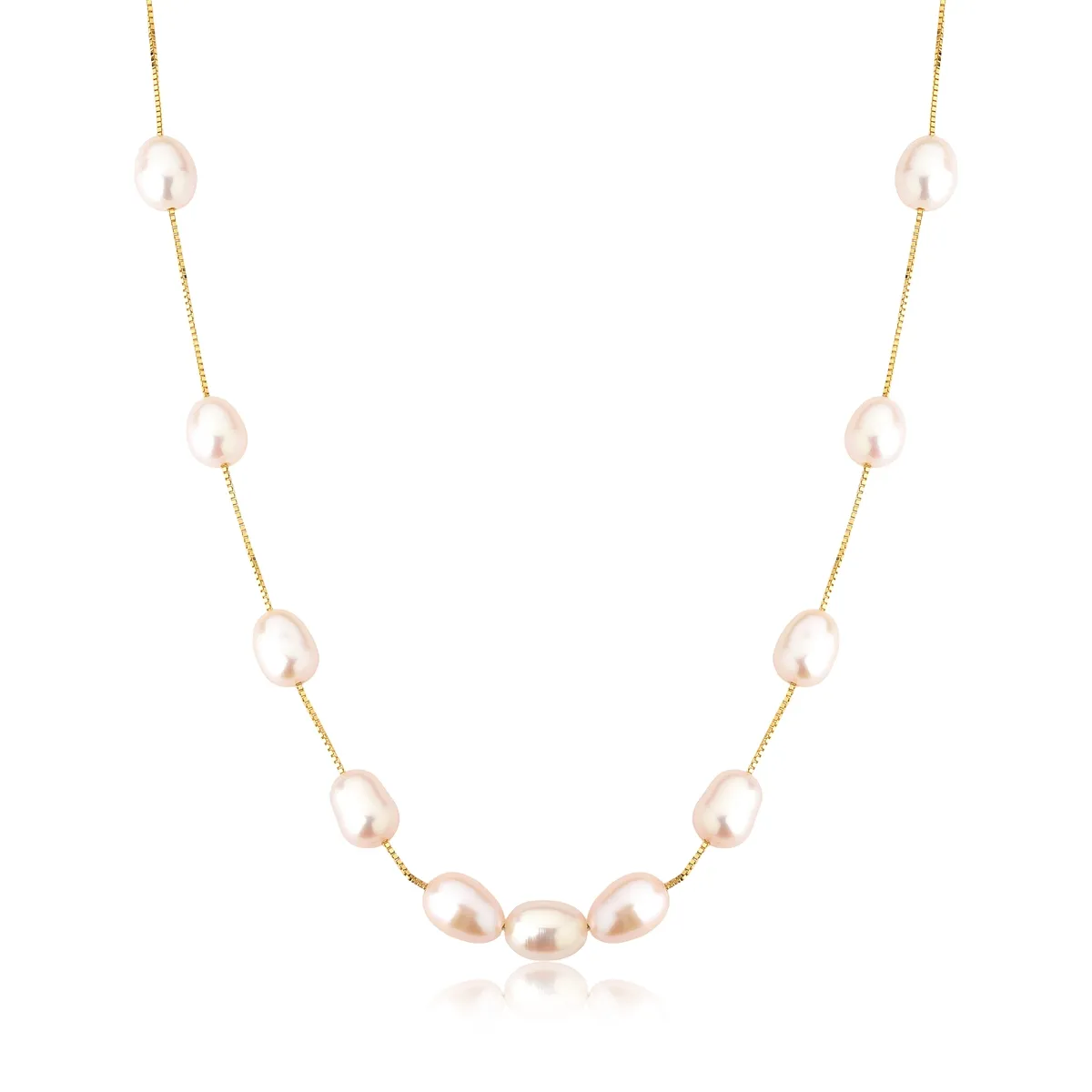 Colar ouro amarelo 18k gargantilha veneziana com Pérolas de Arroz rosa