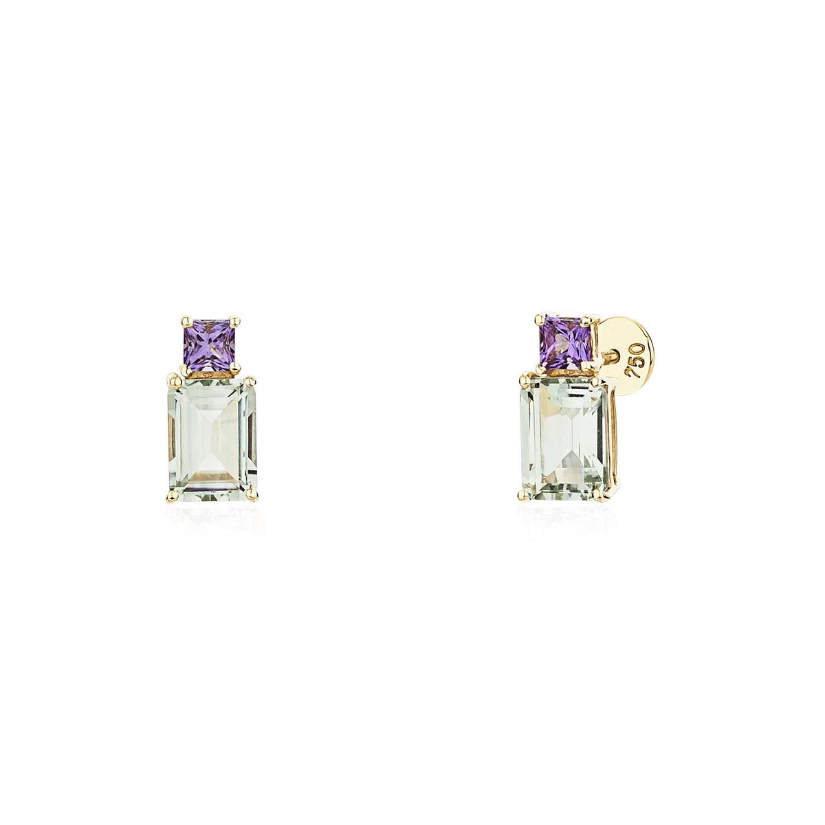 Brinco Stud ouro amarelo 18k com gemas Prasiolita e Ametista lavanda