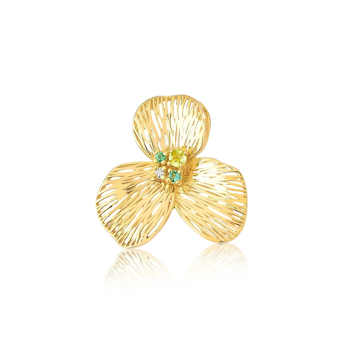 Pingente Printemps flor filigrana 3 pétalas ouro 18k com Peridoto Esmeralda e Diamante